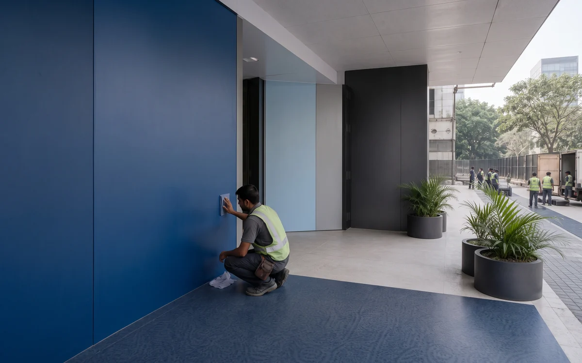 Installer applying blue vinyl to a wall panel in a building entrance