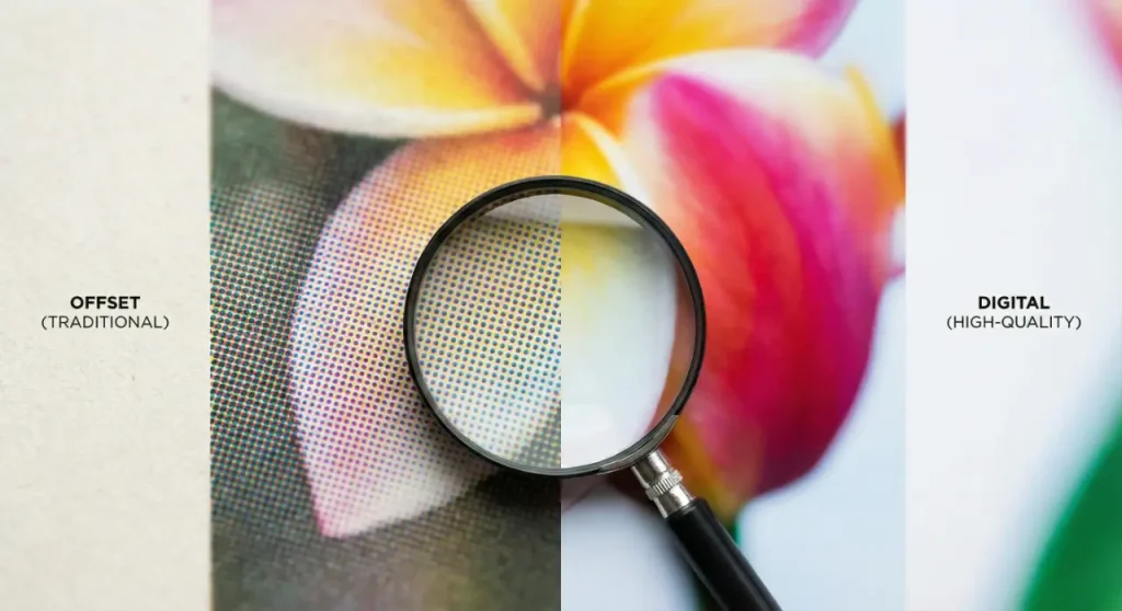 Close up detail showing the difference in ink texture between digital and offset printing